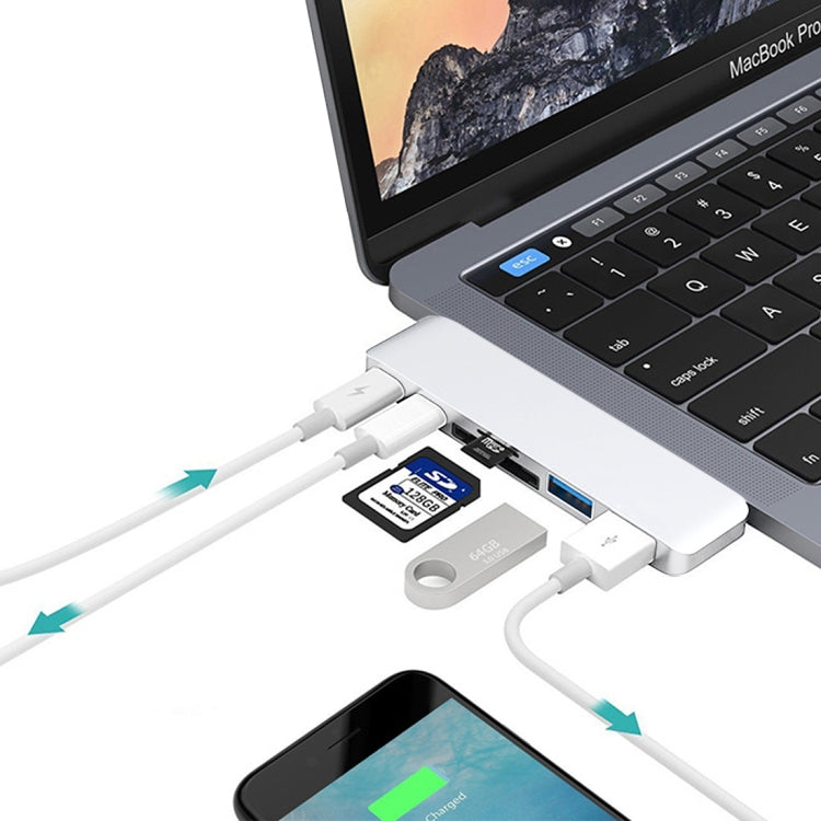 6 in 1 Multi-function Aluminium Alloy 5Gbps Transfer Rate Dual USB-C / Type-C HUB Adapter with 2 USB 3.0 Ports & 2 USB-C / Type-C Ports & SD Card Slot & TF Card Slot for Macbook 2015 / 2016 / 2017, 6 in 1 Silver, 6 in 1 Grey