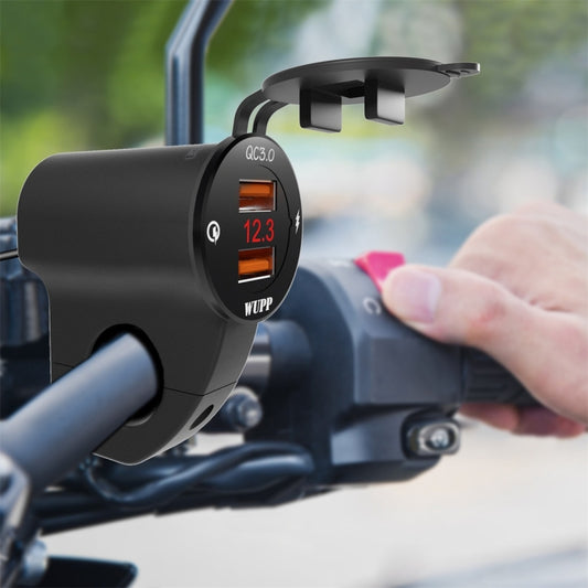 WUPP ZH-975A3 Motorcycle Aluminum Alloy Waterproof Mobile Phone Double QC3.0 Quick Charging Charger with Voltmeter