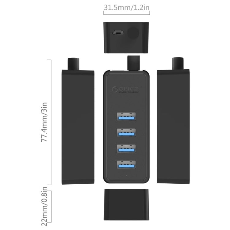 ORICO W5P-U3-30 4-Port USB 3.0 Desktop HUB with 30cm Micro USB Cable Power Supply, W5P-U3-30 Black