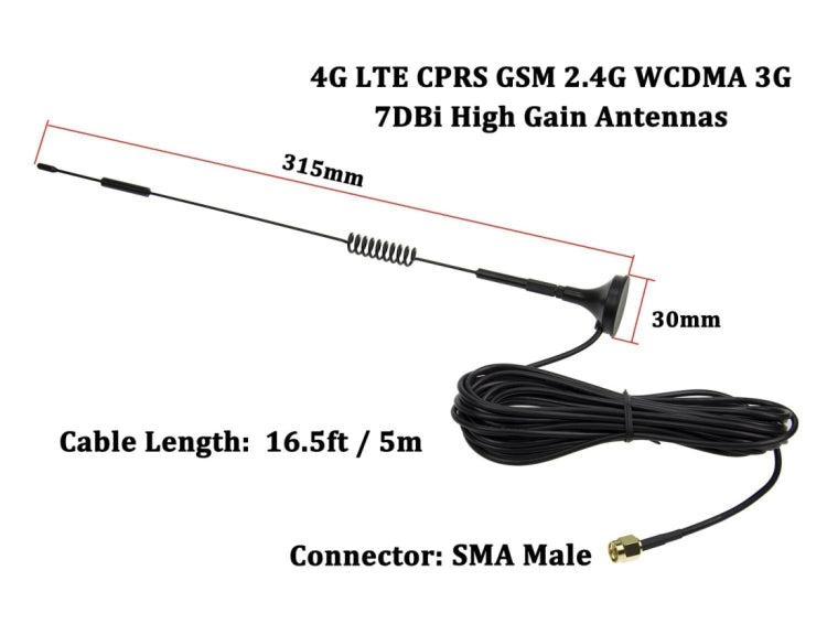 7dBi SMA Male Connector High Gain 4G LTE CPRS GSM 2.4G WCDMA 3G Antenna Network Reception Adapter, 7dBi SMA 4G