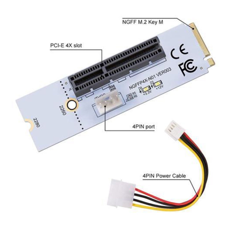 NGFF M.2 Key M to PCI-E 1X / 4X / 8X / 16X Graphics Card Mining Slot Adapter Riser Converter Card with LED & 4 Pin Power Cable, VER003 with 4 Pin Power Cable