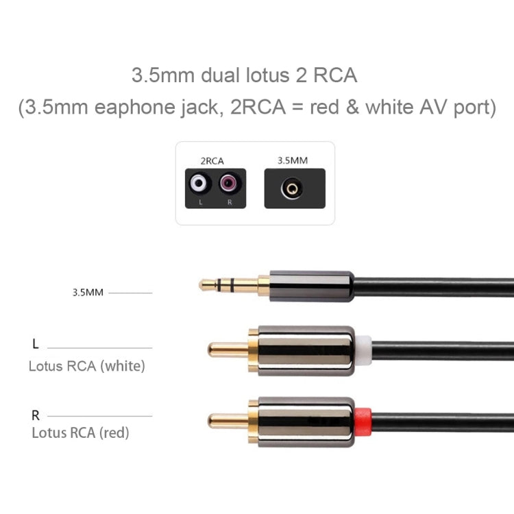 1m Gold Plated 3.5mm Jack to 2 x RCA Male Stereo Audio Cable, Length: 1m