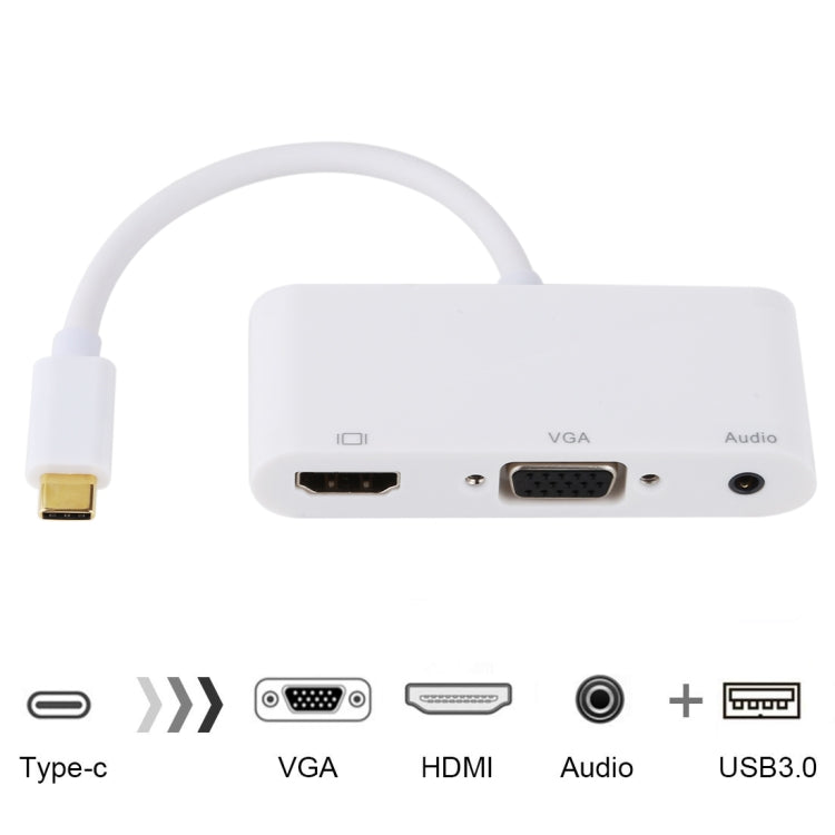 USB 2.0 + Audio Port + VGA + HDMI to USB-C / Type-C HUB Adapter, Black, White