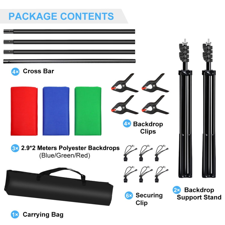PULUZ 2.9x2m Photo Studio Background Support Stand Backdrop Crossbar Bracket Kit with Red / Blue / Green Backdrops, 2.9 x2 m (double stands)