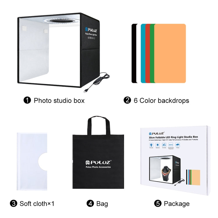 PULUZ 30cm Folding  High 97 CRI Ring Light Photo Lighting Studio Shooting Tent Box Kit with 6 Colors Backdrops (Black, White, Orange, Red, Green, Blue), Unfold Size: 30cm x 30cm x 30cm, 30cm Box Black, 30cm Box Green