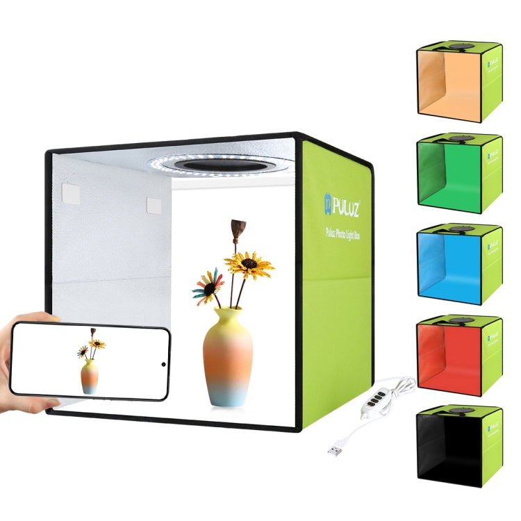 PULUZ 30cm Folding  High 97 CRI Ring Light Photo Lighting Studio Shooting Tent Box Kit with 6 Colors Backdrops (Black, White, Orange, Red, Green, Blue), Unfold Size: 30cm x 30cm x 30cm, 30cm Box Black, 30cm Box Green