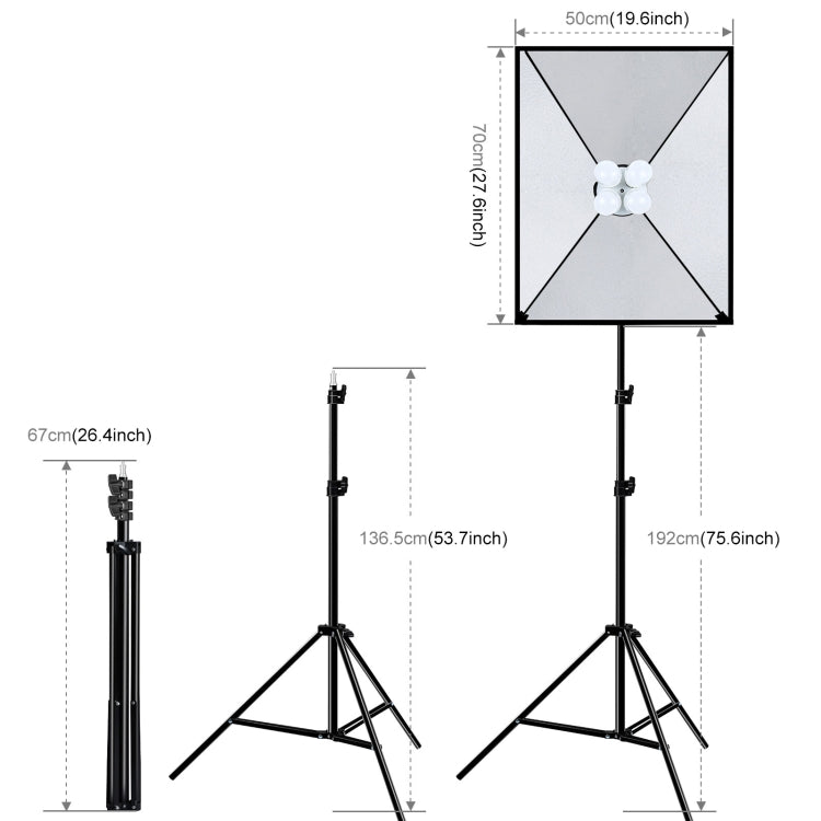 PULUZ 50x70cm Studio Softbox + 2m Tripod Mount + 4 x E27 20W 5700K White Light LED Light Bulb Photography Lighting Kit, 4 x Bulb US Plug, 4 x Bulb EU Plug