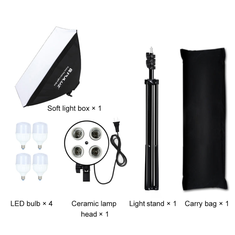 PULUZ 50x70cm Studio Softbox + 2m Tripod Mount + 4 x E27 20W 5700K White Light LED Light Bulb Photography Lighting Kit, 4 x Bulb US Plug, 4 x Bulb EU Plug