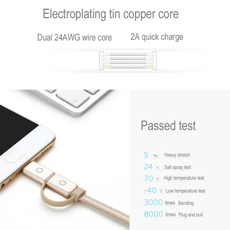 Meizu 1m 2 in 1 Noodle Weave Style Metal Head 5V 2.0A USB-C / Type-C + Micro USB to USB 2.0 Data Sync Charging Cable