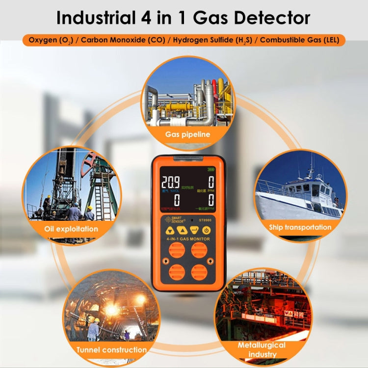 ST8900 4 in 1 Toxic Gas CO Carbon Monoxide Detector Hydrogen Sulfide H2S Oxygen Combustible Gas Test LCD Display Monitor, Sound Light Vibration Alarm