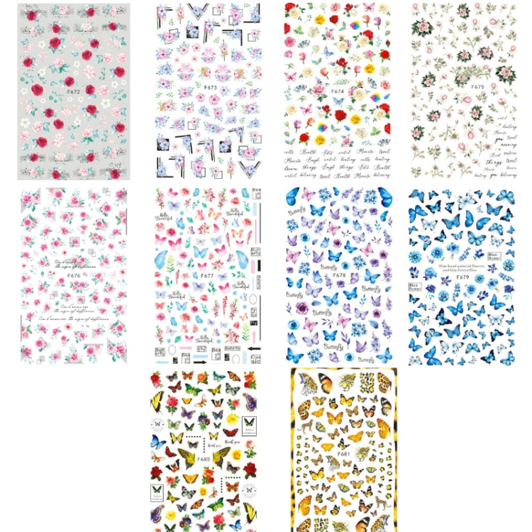 10pcs 3D Adhesive Butterfly Retro Rose Color Nail Art Sticker