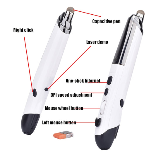 PR-08 1600DPI 6 Keys 2.4G Wireless Electronic Whiteboard Pen Multi-Function Pen Mouse PPT Flip Pen