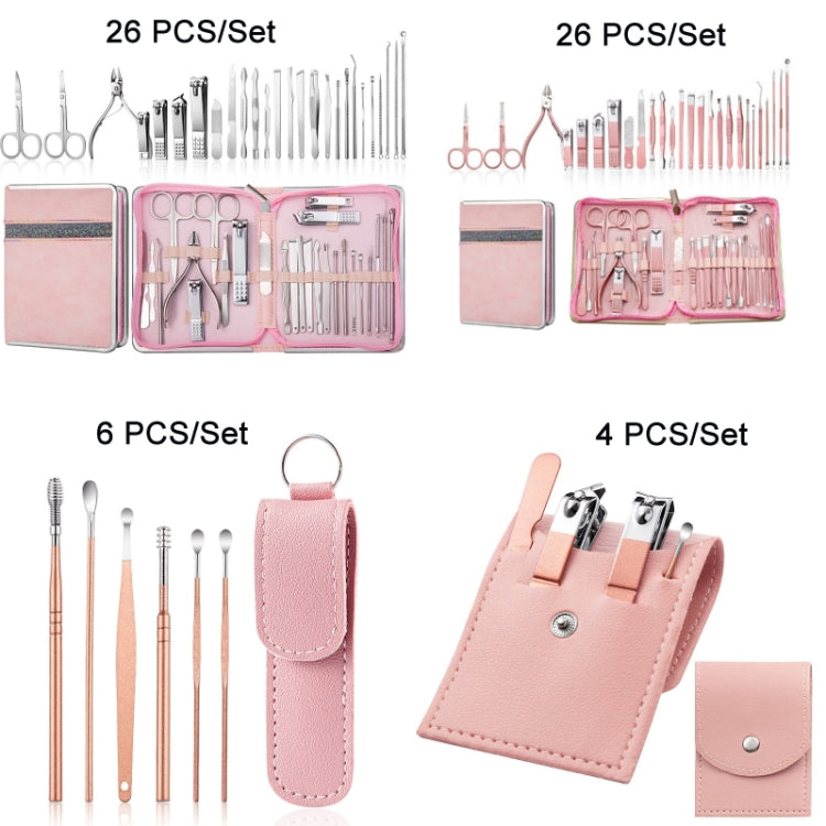 Stainless Steel Nail Clipper Set Beauty Eyebrow Trimmer, Color:, 26 PCS/Set Silver, 6 PCS/Set (Pink)